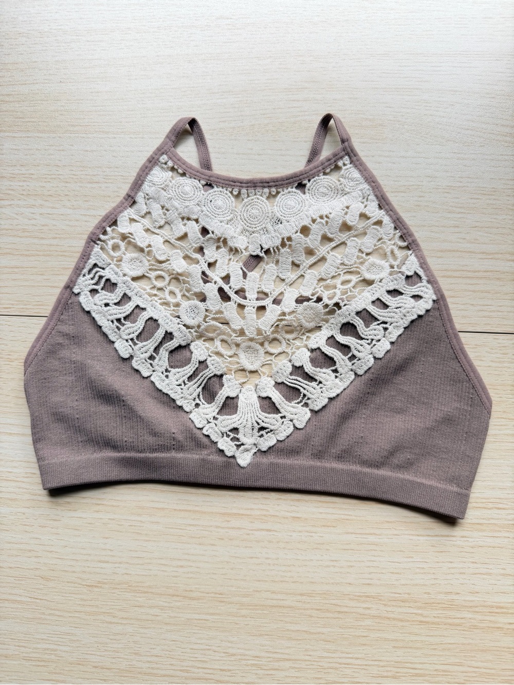 Women’s Crochet Lace High Neck Tank Top - Cream & Taupe